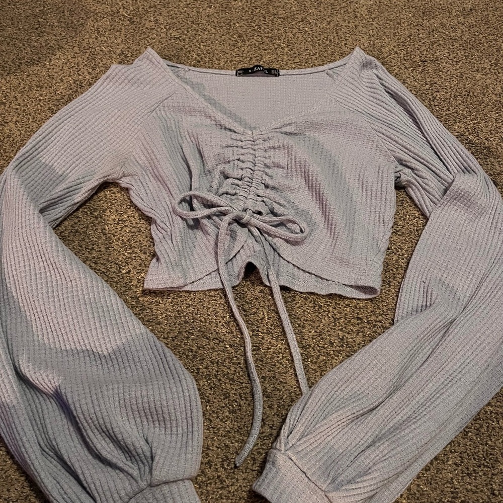 Light Blue Ribbed Long Sleeve Tie Top